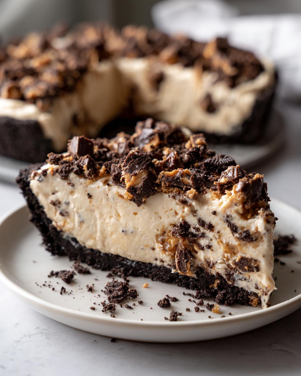 A close-up slice of creamy no-bake butterfinger pie with a dark cookie crust and candy topping.