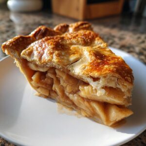 A close-up of a thick slice of golden brown apple pie recipe showing flaky crust and cinnamon-spiced apple filling.