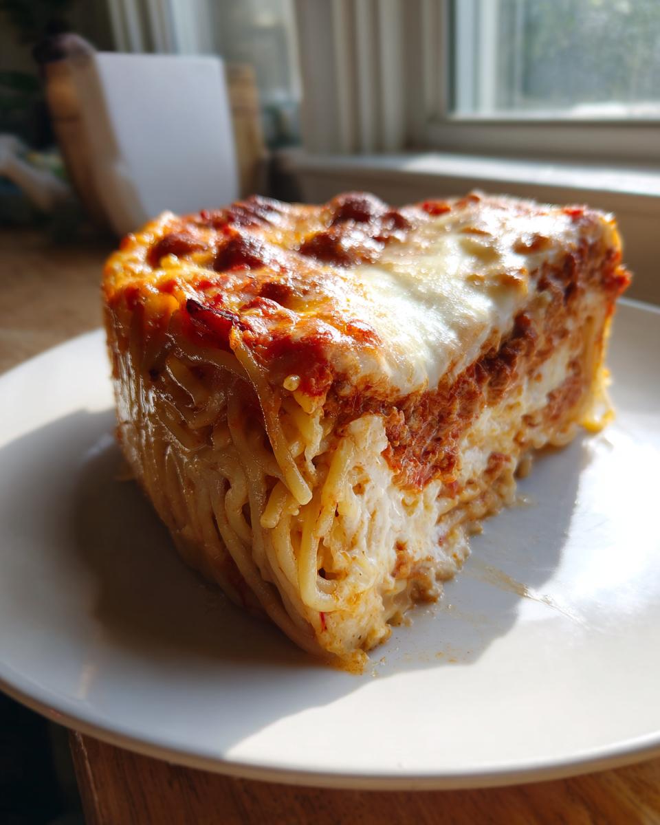 A thick, tall slice of baked spaghetti pie showing layers of pasta, meat sauce, and melted cheese topping.