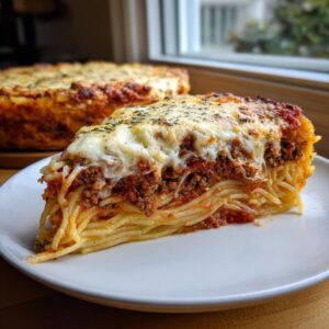 A thick, layered slice of spaghetti pie featuring pasta, rich meat sauce, and melted mozzarella cheese topping.