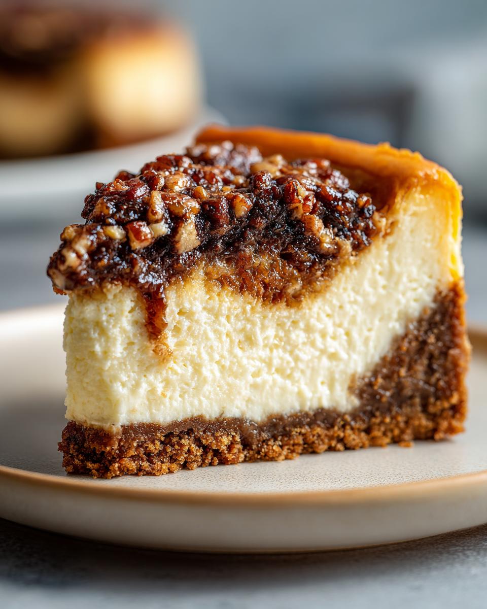 Close-up of a rich slice of pecan pie cheesecake showing the creamy filling and pecan topping.