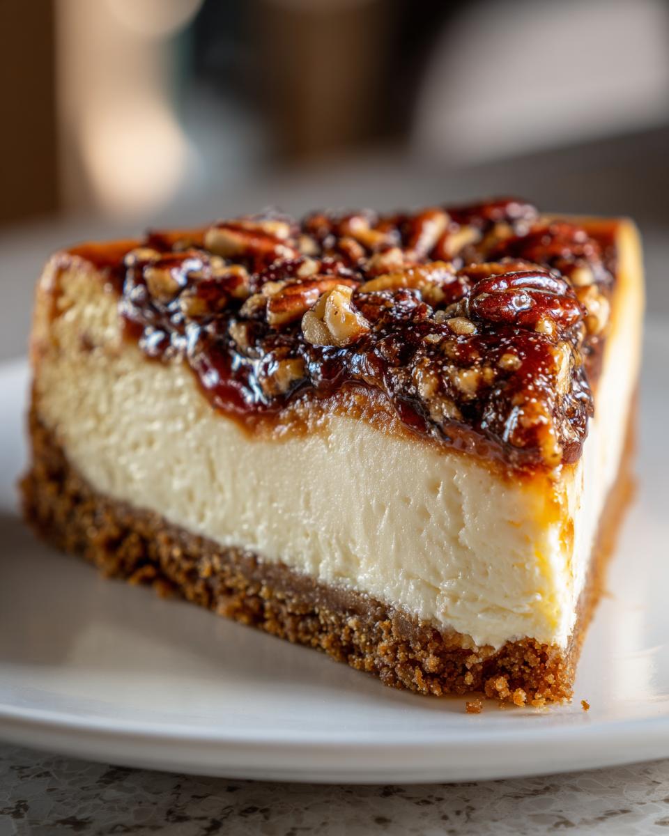 A close-up of a rich slice of pecan pie cheesecake showing the graham cracker crust, creamy filling, and pecan topping.