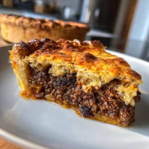 Close-up of a thick slice of savory meat pie showing rich, dark filling and flaky, golden-brown crust.