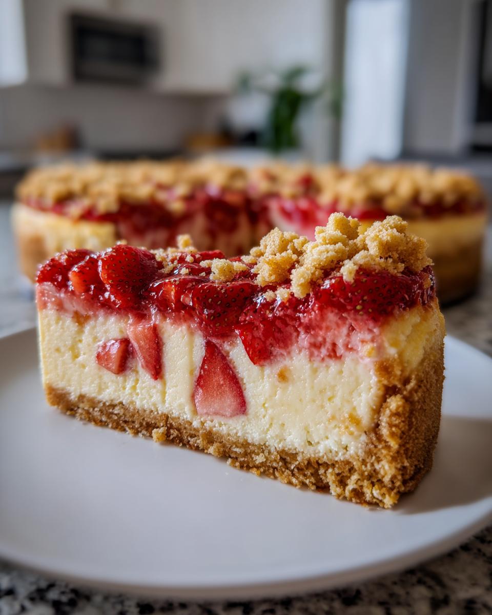 Close-up of a decadent slice of strawberry shortcake cheesecake on a white plate, featuring a graham cracker crust and strawberry topping.