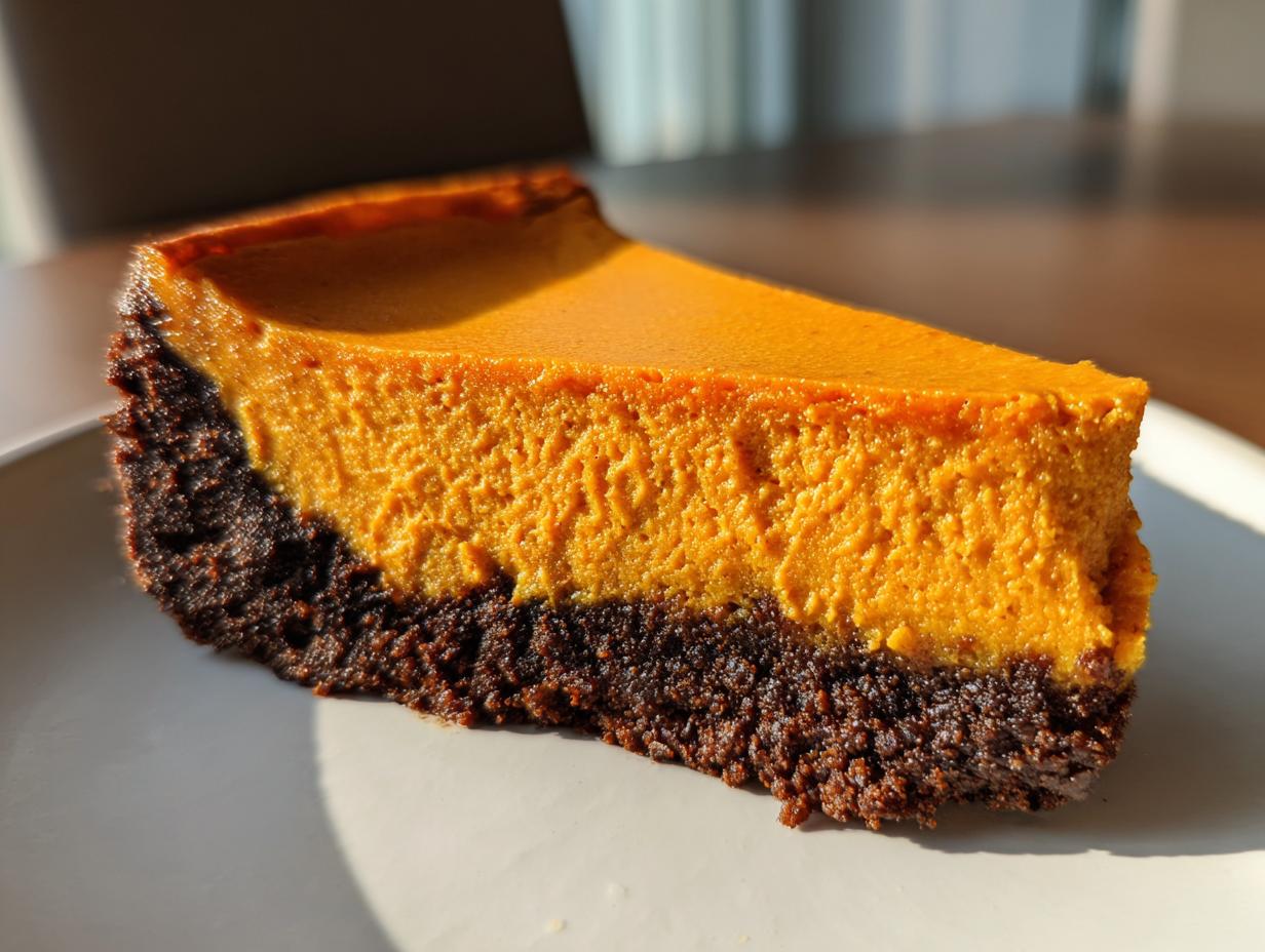 A close-up, sunlit slice of sweet potato cheesecake featuring a vibrant orange filling and a dark chocolate crust.