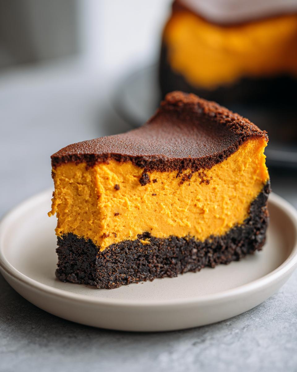 A close-up shot of a thick slice of vibrant orange sweet potato cheesecake with a dark, slightly burnt top and a thick chocolate crust.