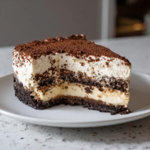A decadent slice of tiramisu cheesecake featuring layers of cream, coffee-soaked crumbs, and a rich cocoa powder topping.