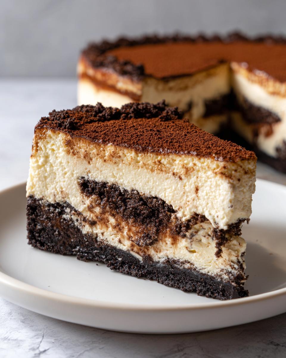 A perfect slice of tiramisu cheesecake with a dark cookie crust, creamy filling, and cocoa powder dusting.