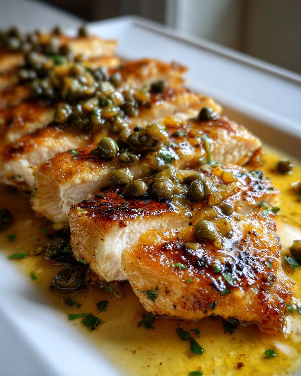 Close-up of perfectly cooked, sliced chicken piccata topped with capers and lemon butter sauce.