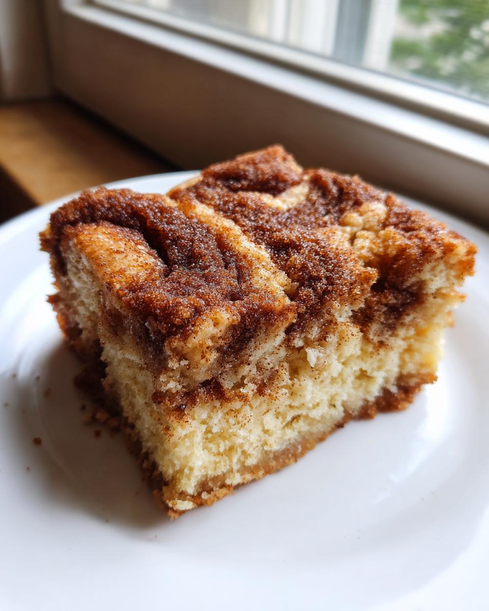 A square piece of moist snickerdoodle blondies with a rich cinnamon-sugar swirl topping on a white plate.