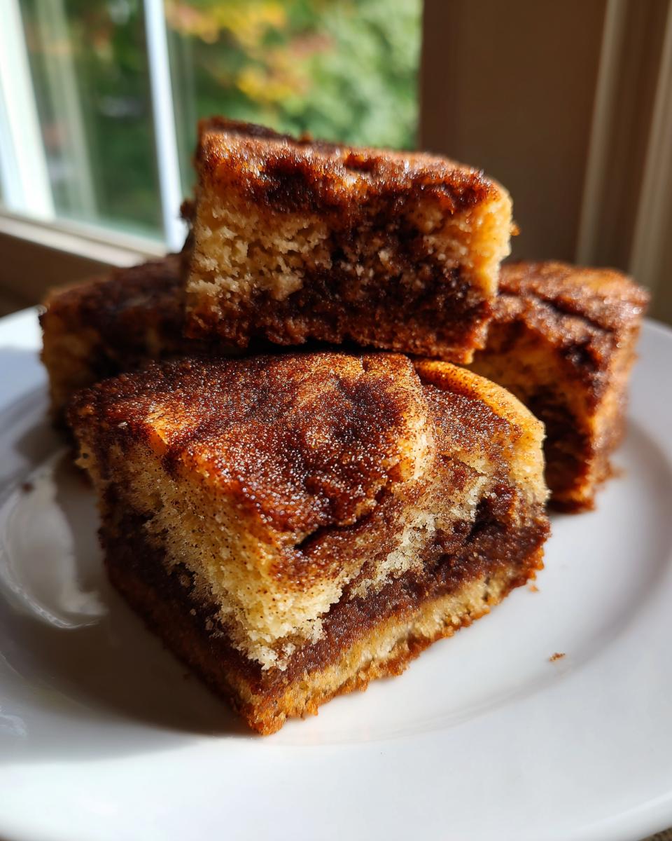 Four squares of rich snickerdoodle blondies with a thick cinnamon swirl topping piled on a white plate.