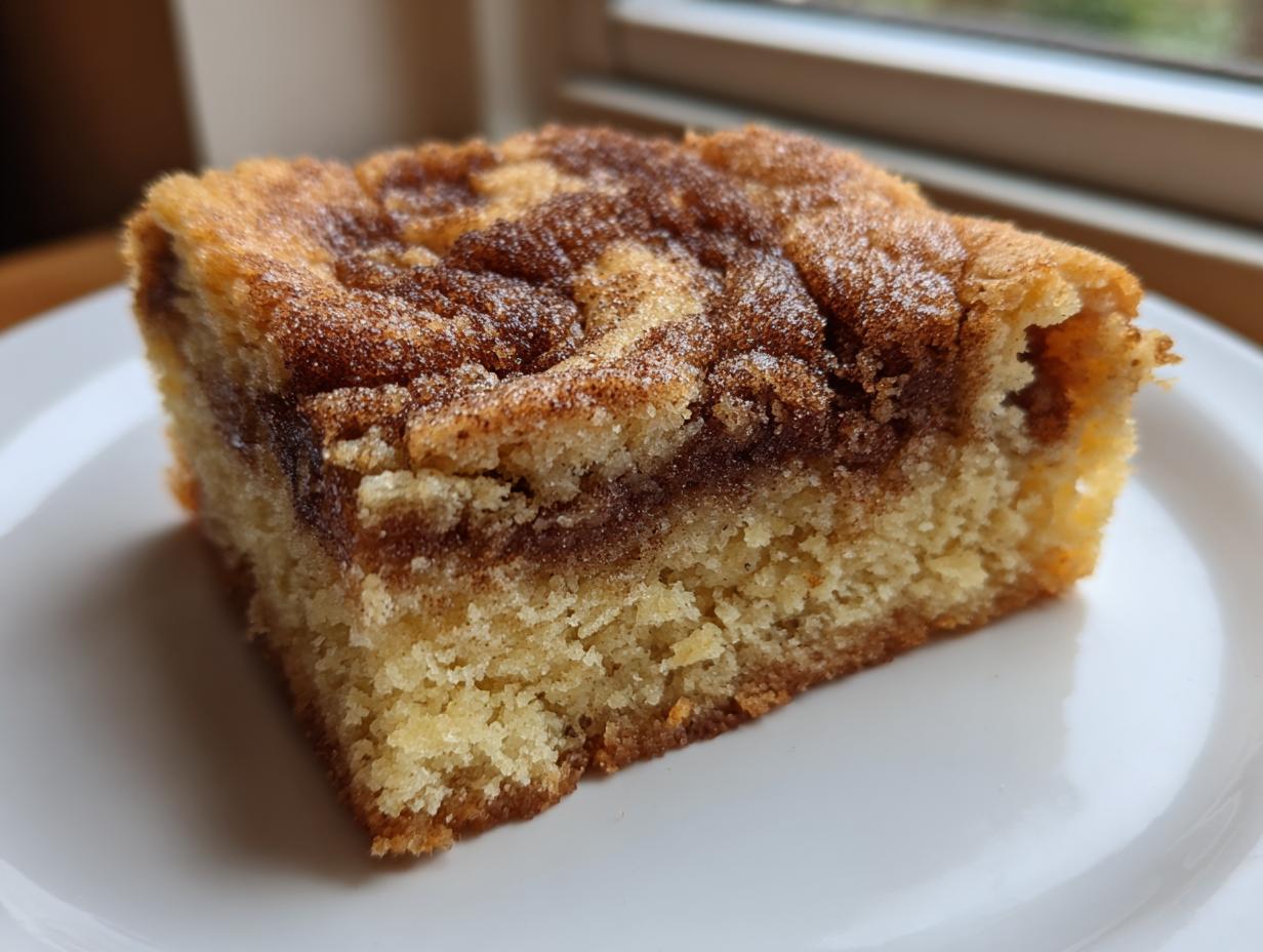 A close-up of a single, thick square of snickerdoodle blondies with a rich cinnamon swirl topping.