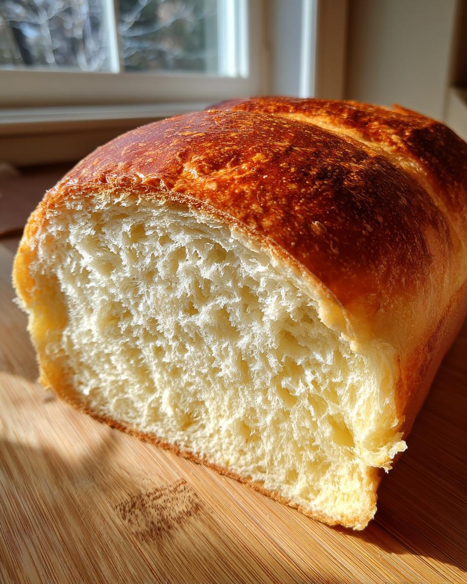 Close-up of a freshly baked milk bread loaf showing its incredibly soft, fluffy white interior and golden-brown crust.