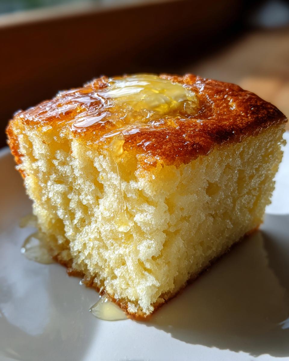 Close-up of a square slice of golden sourdough cornbread topped with melting butter and drizzled with honey.