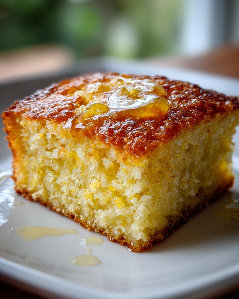 Close-up of a square slice of moist sourdough cornbread topped with a drizzle of golden honey.