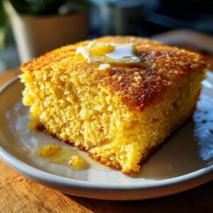 A close-up of a golden slice of sourdough cornbread topped with melting butter on a white plate.