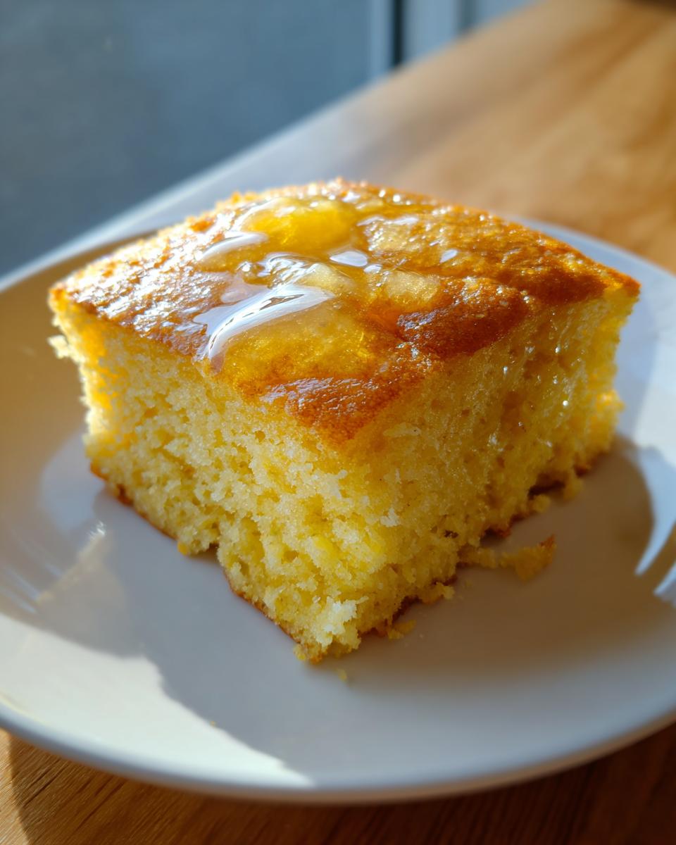 A golden slice of moist sourdough cornbread topped with melted butter and honey on a white plate.