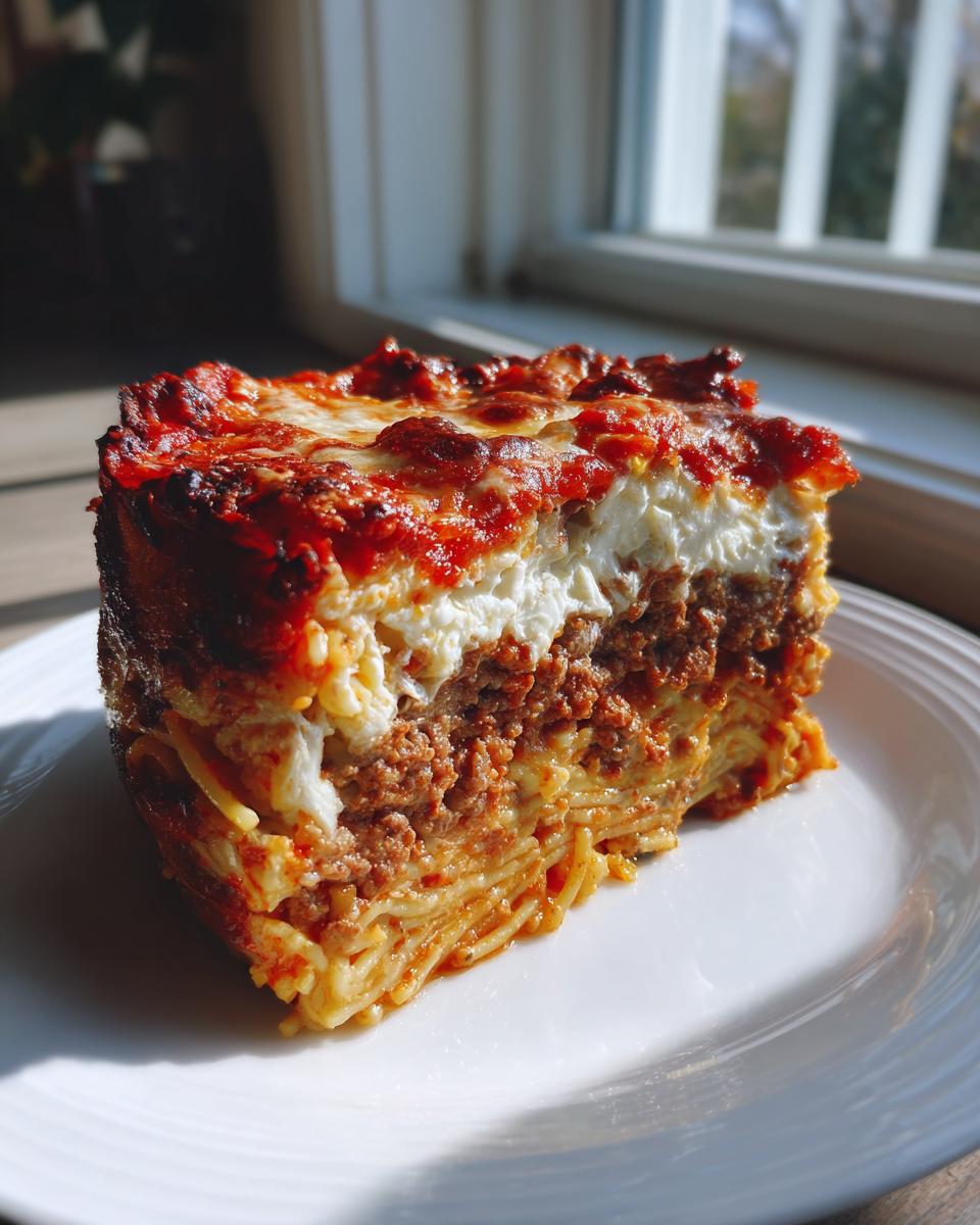 A thick, square slice of layered spaghetti pie featuring pasta, meat sauce, and ricotta cheese topping.