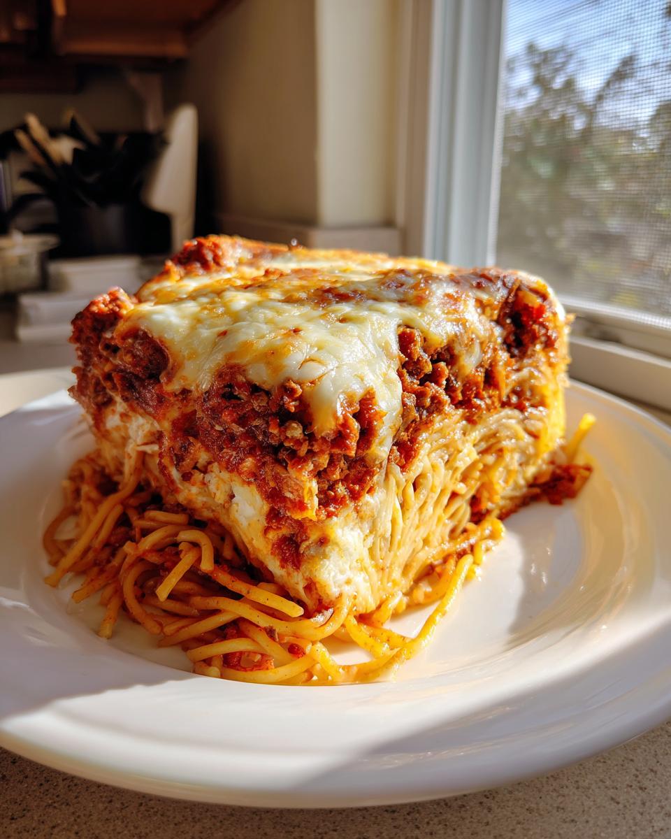 A thick, square slice of rich spaghetti pie layered with meat sauce and melted mozzarella cheese on a white plate.