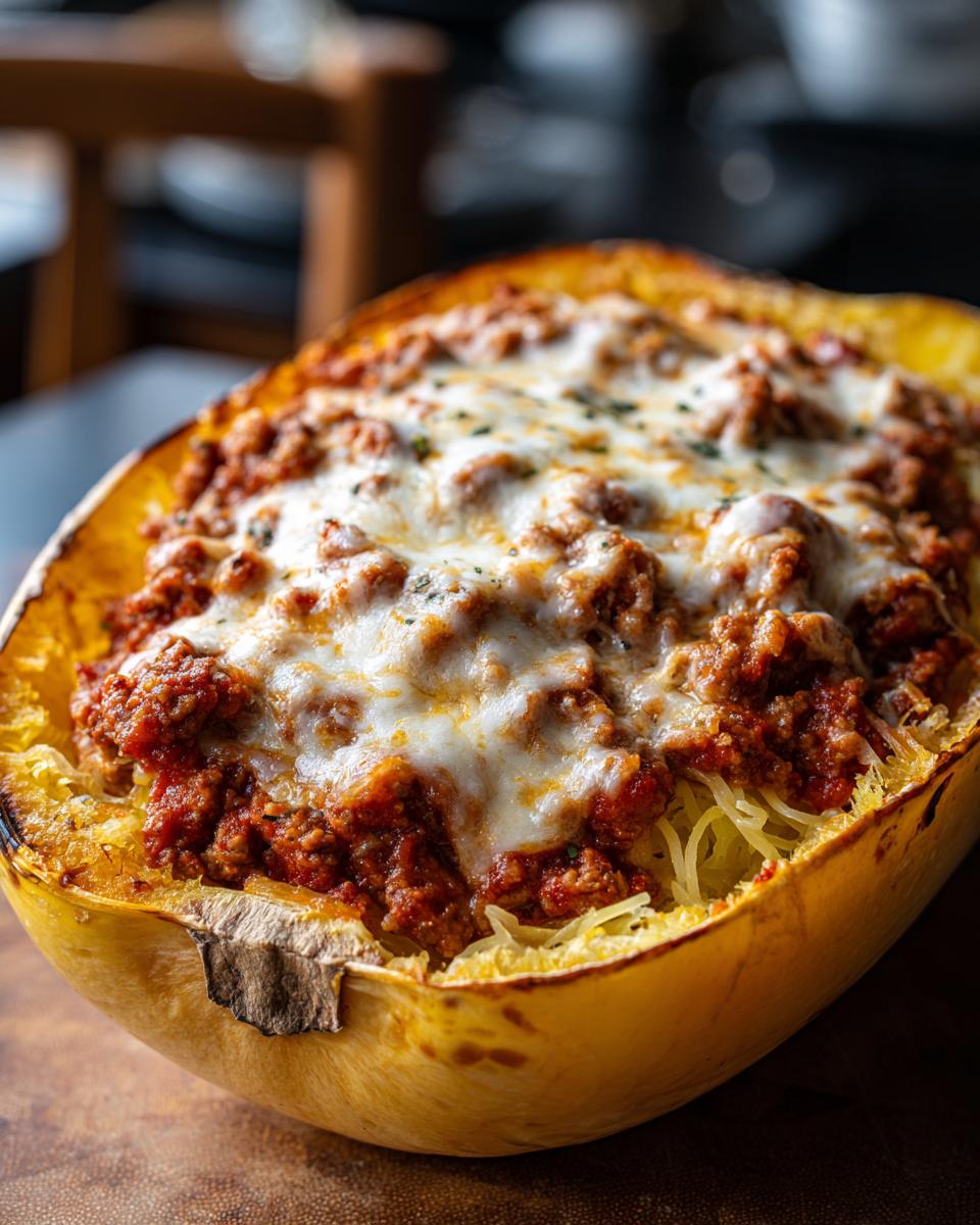 Close-up of baked spaghetti squash lasagna topped with melted cheese and meat sauce, served in the squash half.
