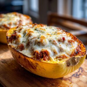 Close-up of a baked spaghetti squash lasagna served inside its own yellow squash shell, topped with melted cheese.