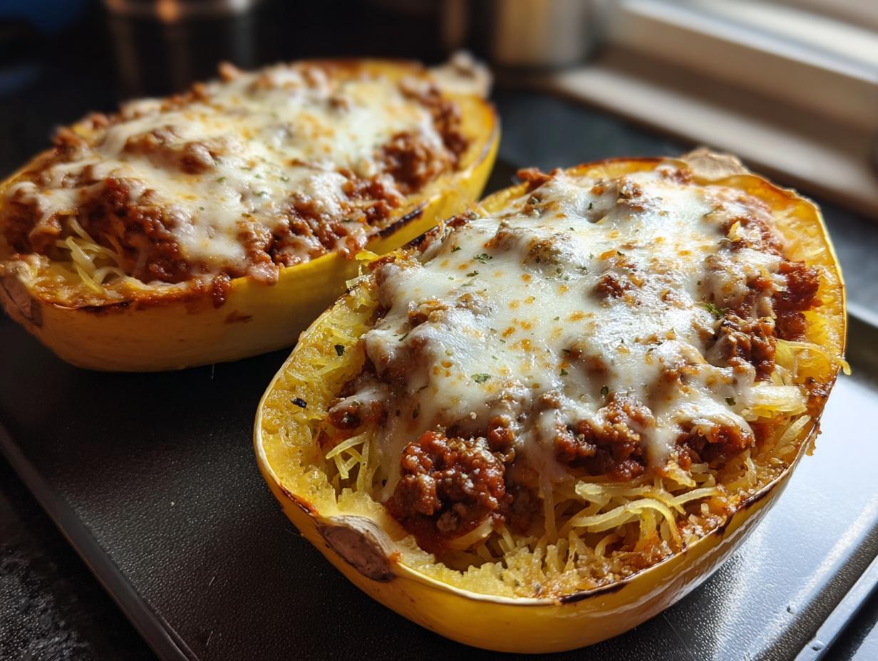 Two halves of baked spaghetti squash lasagna filled with meat sauce and melted mozzarella cheese.
