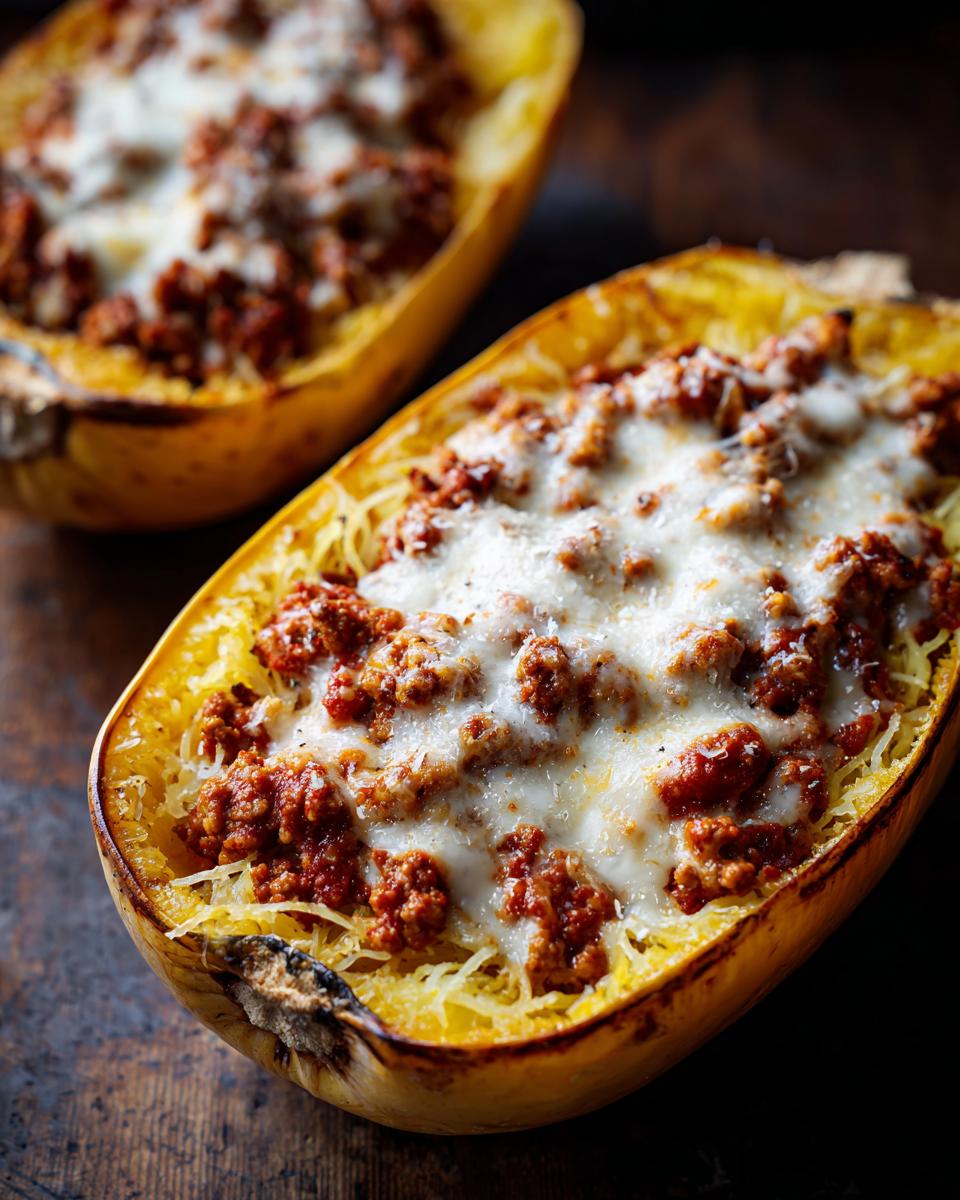 Close-up of baked spaghetti squash lasagna halves filled with meat sauce and melted mozzarella cheese.