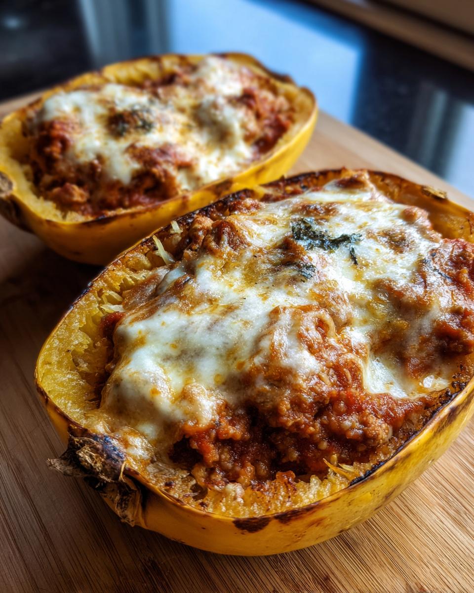 Two halves of baked spaghetti squash lasagna stuffed with meat sauce and topped with melted mozzarella cheese.