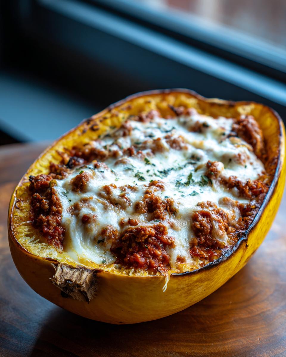 A baked spaghetti squash lasagna served in its own shell, topped with melted cheese and herbs.