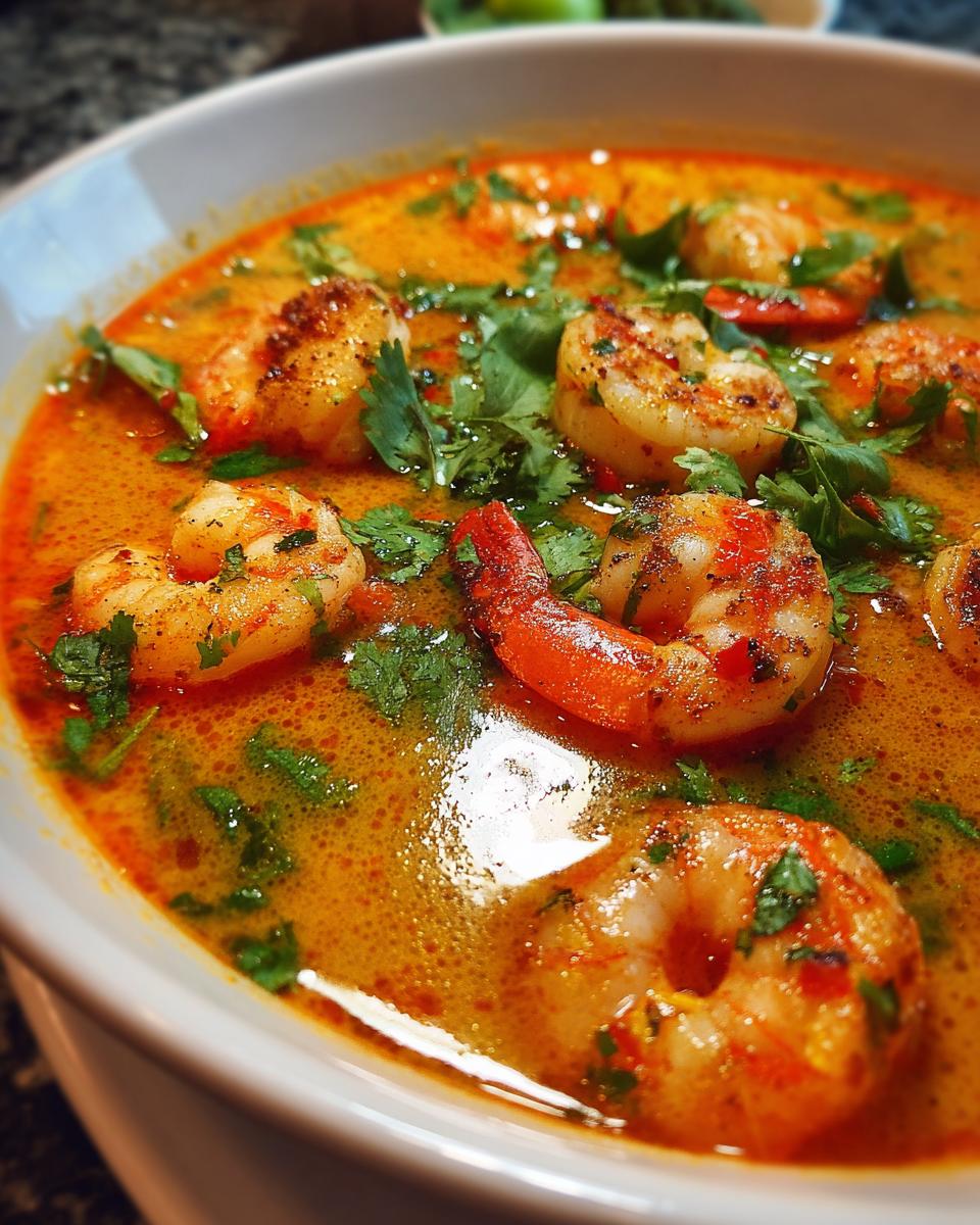 Close-up of a white bowl filled with vibrant orange tom yum soup featuring several seasoned, cooked shrimp and fresh cilantro.