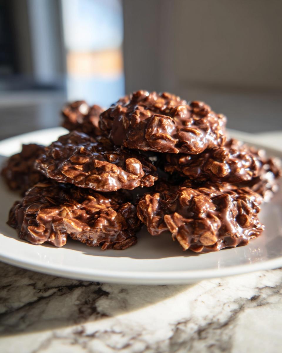 Close-up of a pile of glossy, chocolate no bake cookies made with oats, sitting on a white plate.
