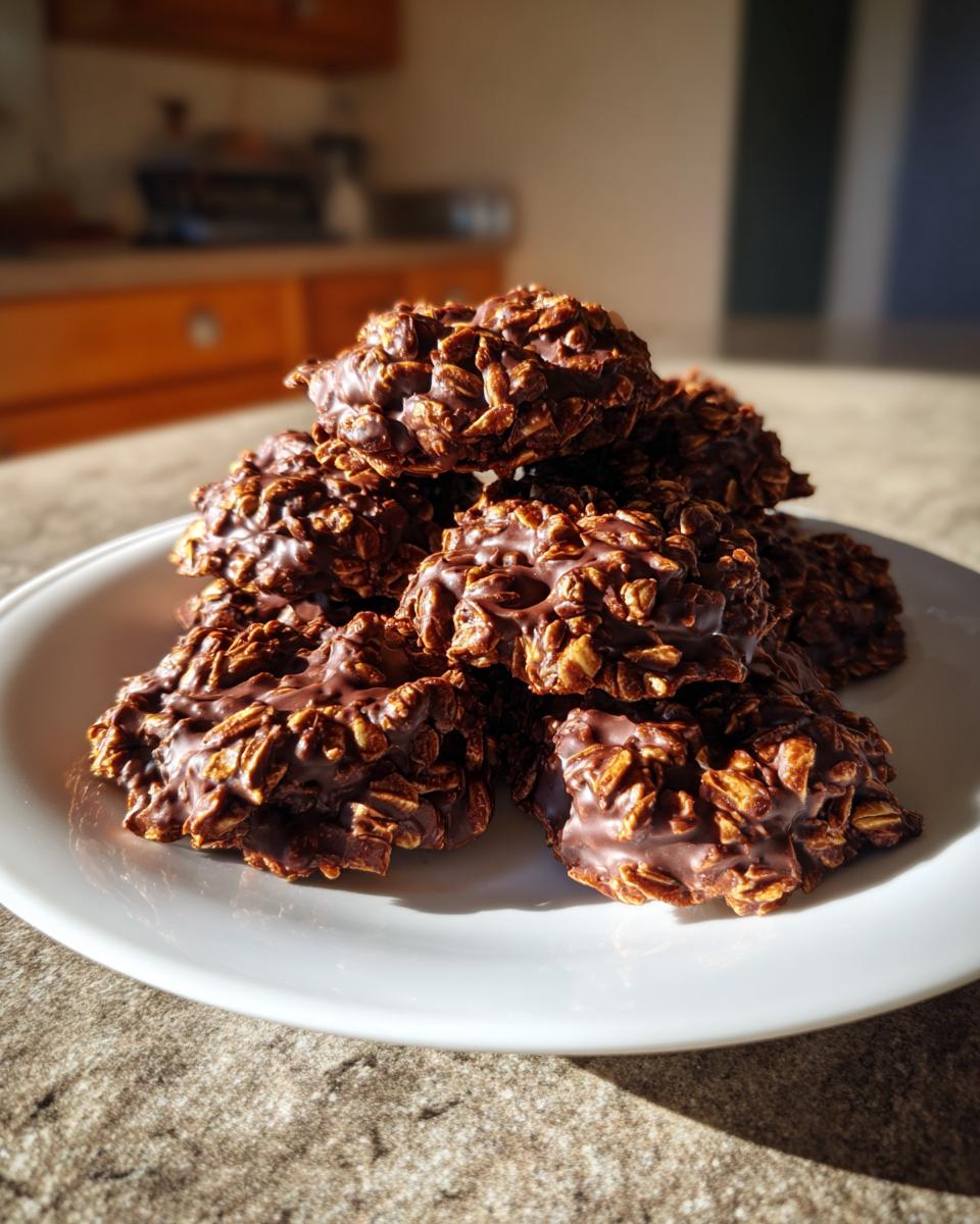 A close-up stack of rich, chocolatey no bake cookies made with oats, sitting on a white plate.
