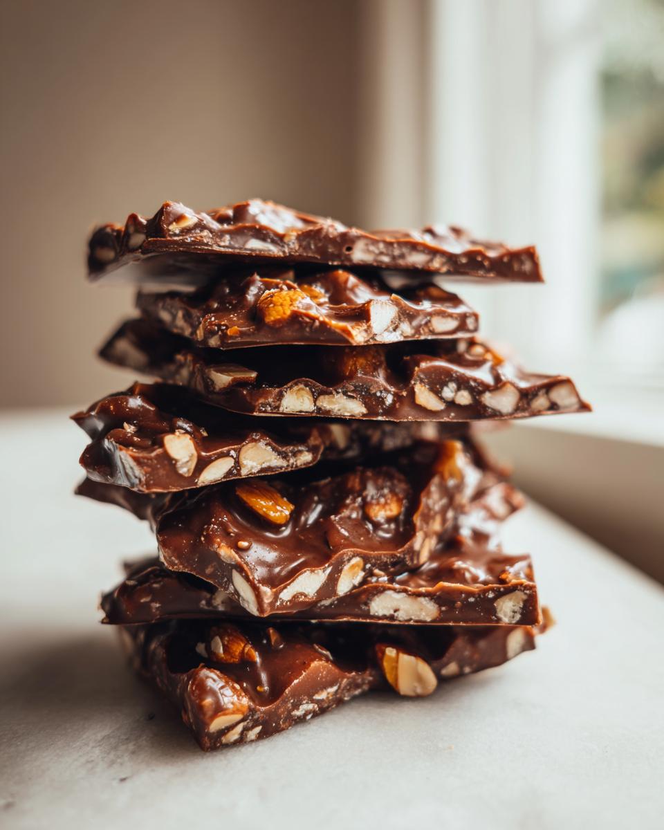 A stack of broken pieces of dark chocolate toffee recipe loaded with visible almonds and nuts.