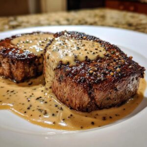 Two perfectly seared steaks generously topped with creamy peppercorn sauce on a white plate.