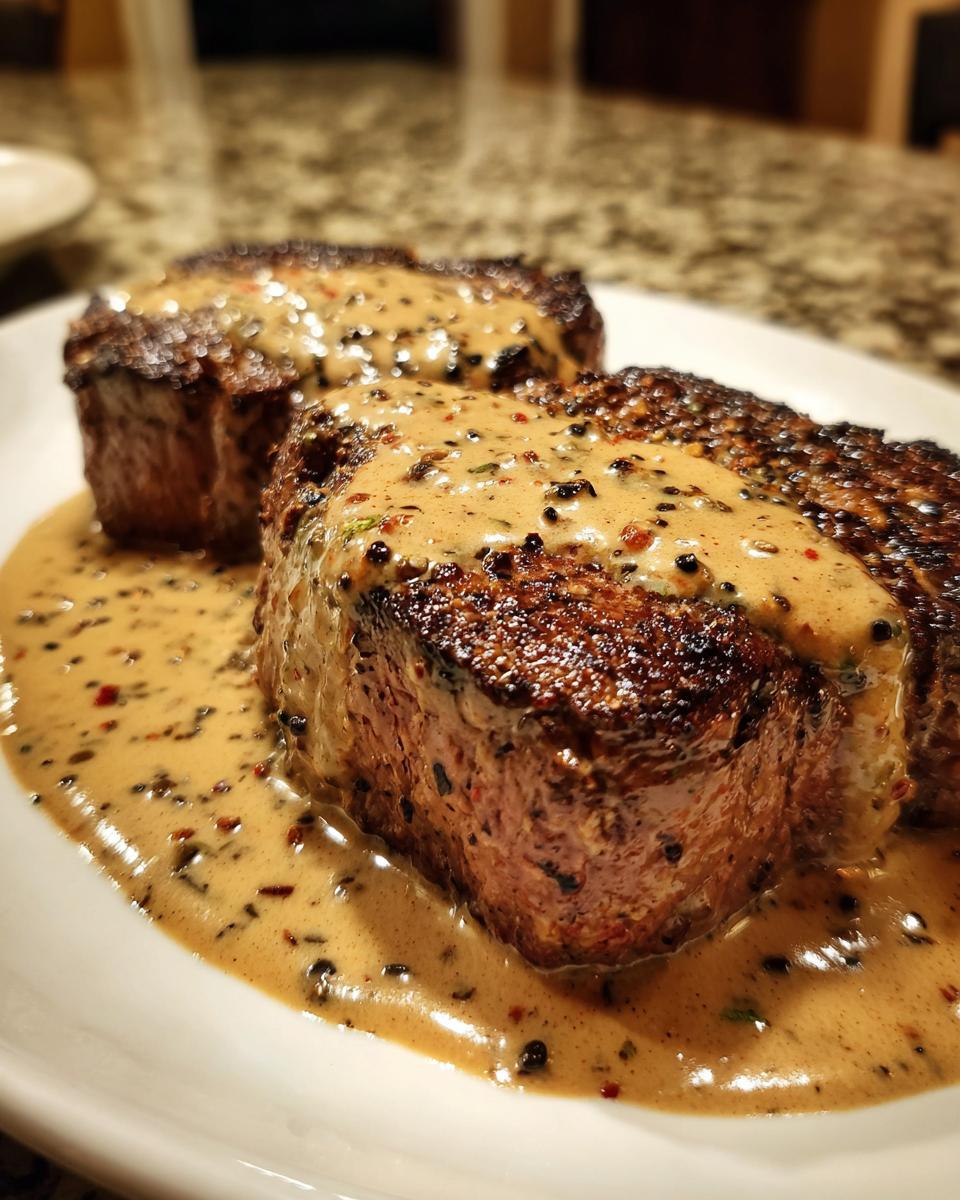 Two perfectly seared steaks generously covered in a rich, creamy peppercorn sauce.