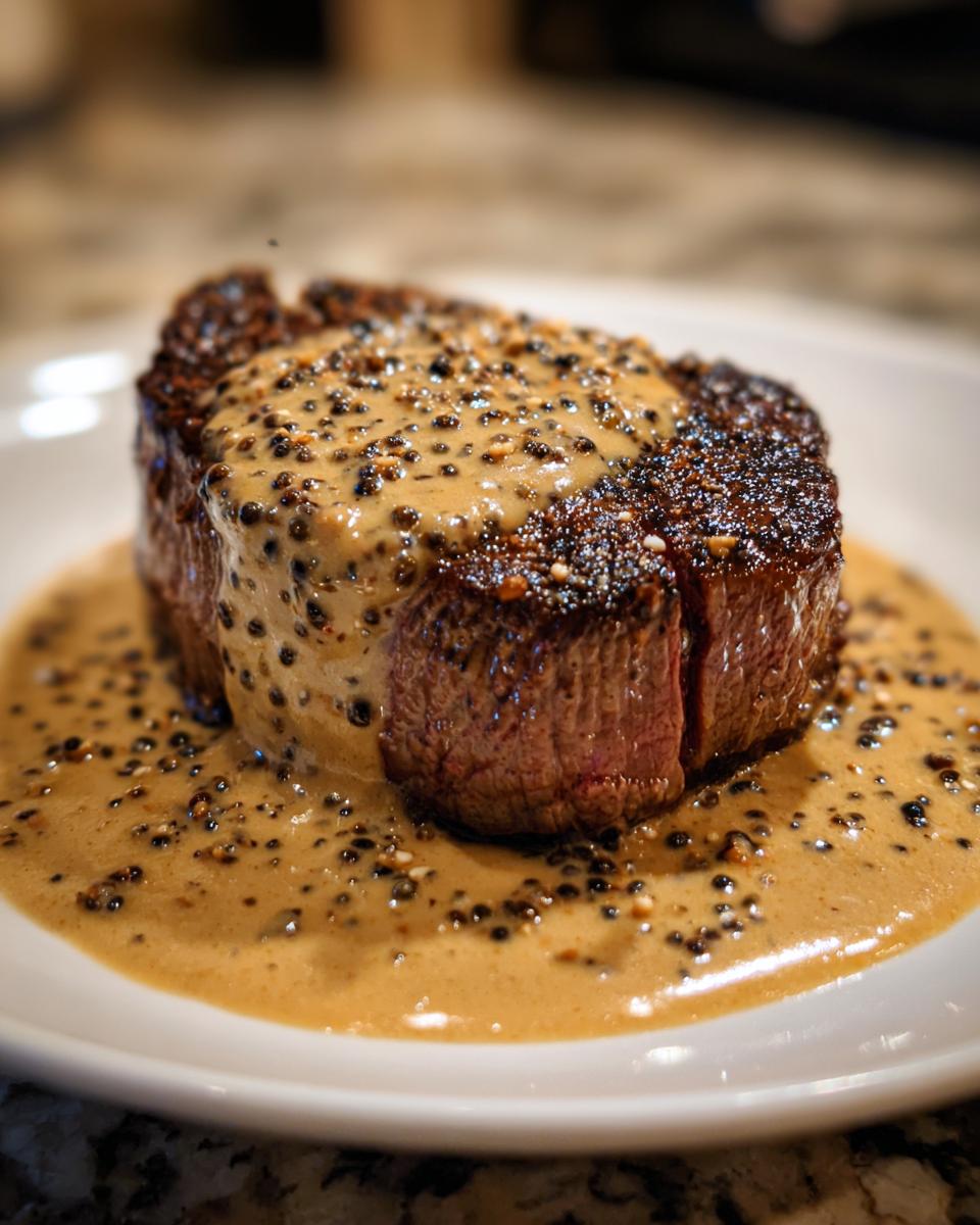 A perfectly cooked steak smothered in creamy, rich peppercorn sauce, featuring visible whole peppercorns.