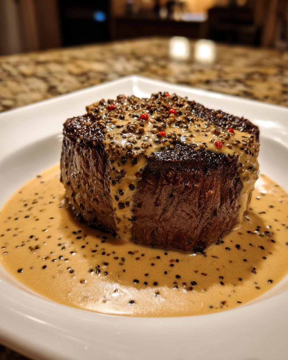 Thick cut steak generously covered in creamy peppercorn sauce and whole peppercorns.