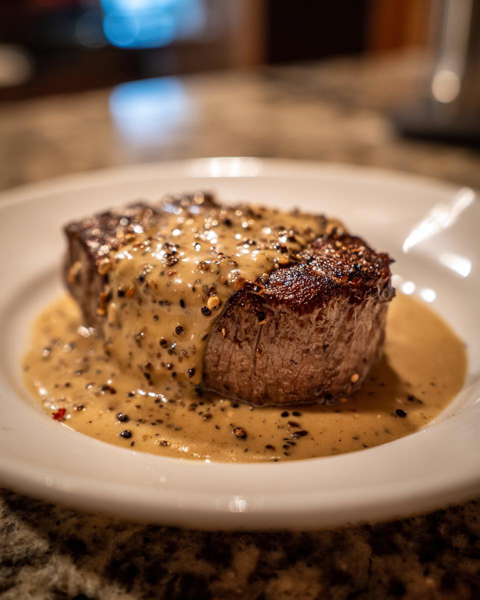 A perfectly cooked steak smothered in creamy, cracked peppercorn sauce, served on a white plate.