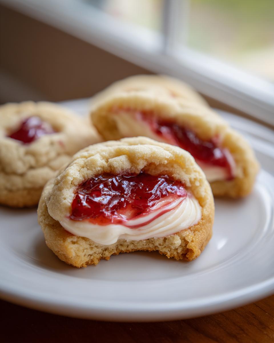 Close-up of a strawberry cheesecake cookie with a bite taken out, showing creamy filling and bright red strawberry jam.