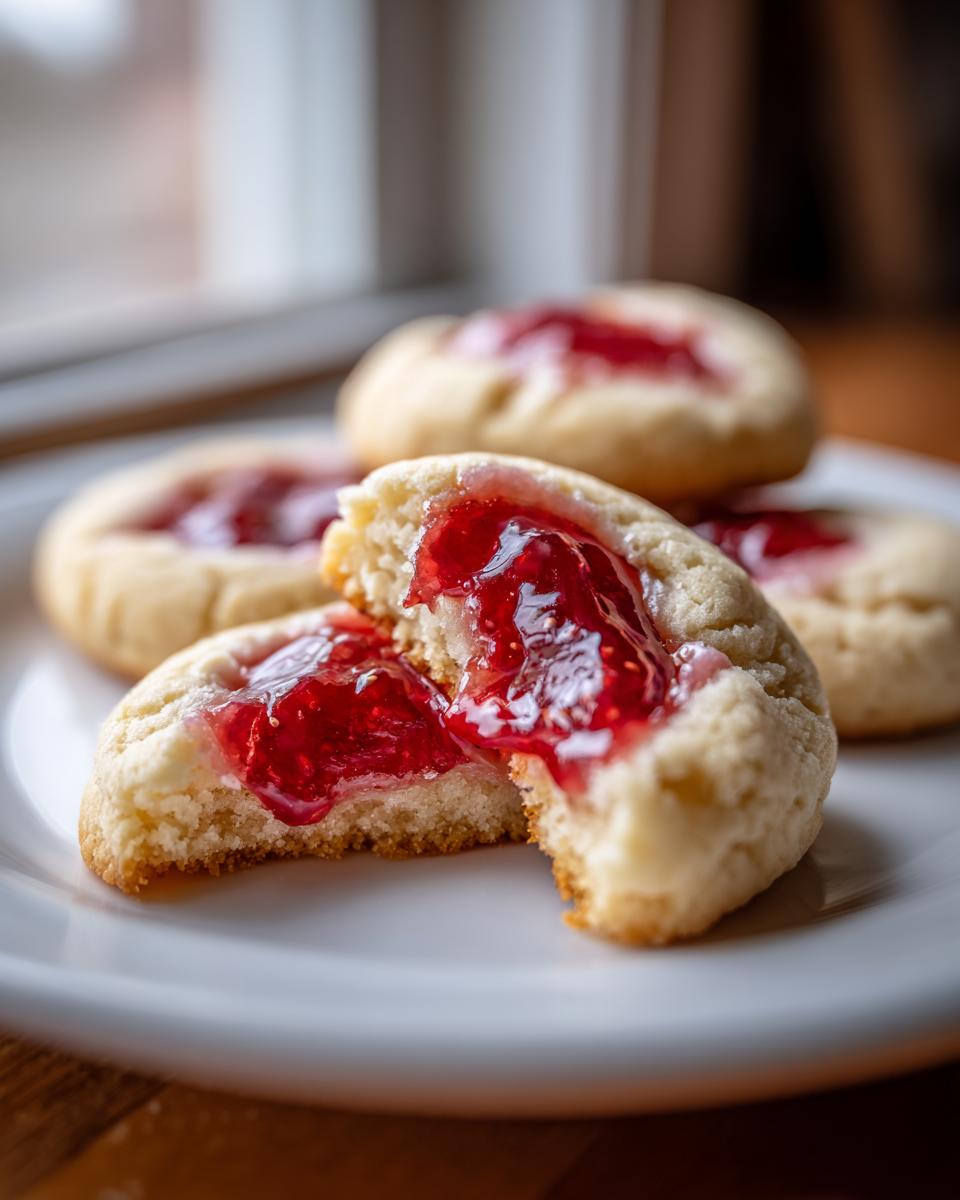 A strawberry cheesecake cookie broken in half showing the gooey, bright red strawberry filling.