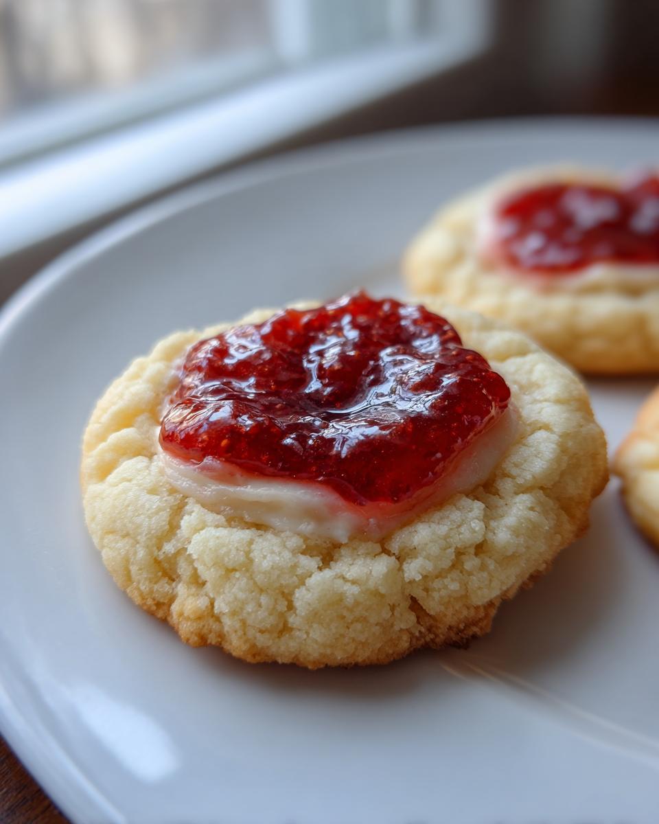 A close-up of one of the amazing strawberry cheesecake cookies, featuring a creamy center topped with bright red strawberry jam.