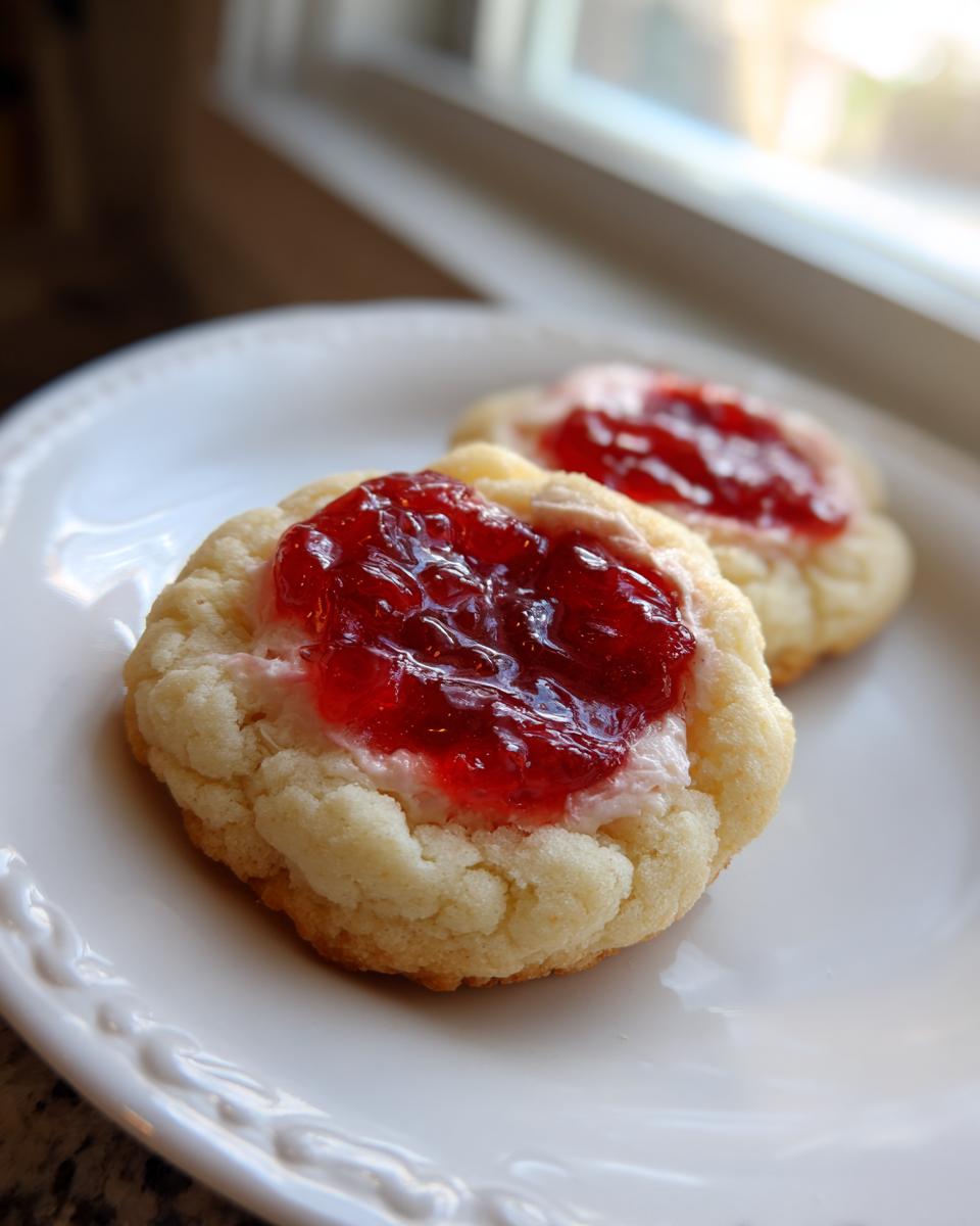 Two delicious strawberry cheesecake cookies topped with bright red jam, resting on a white plate.