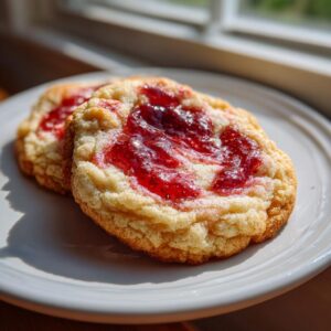 Close-up of two soft strawberry cheesecake cookies topped with glossy strawberry jam, sitting on a white plate.