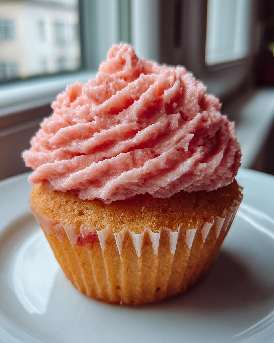 A single, delicious strawberry cupcake with a tall swirl of pink frosting sitting on a white plate.