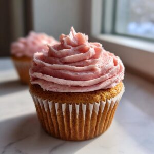 A close-up of a single, perfectly baked strawberry cupcake topped with swirled pink strawberry frosting.