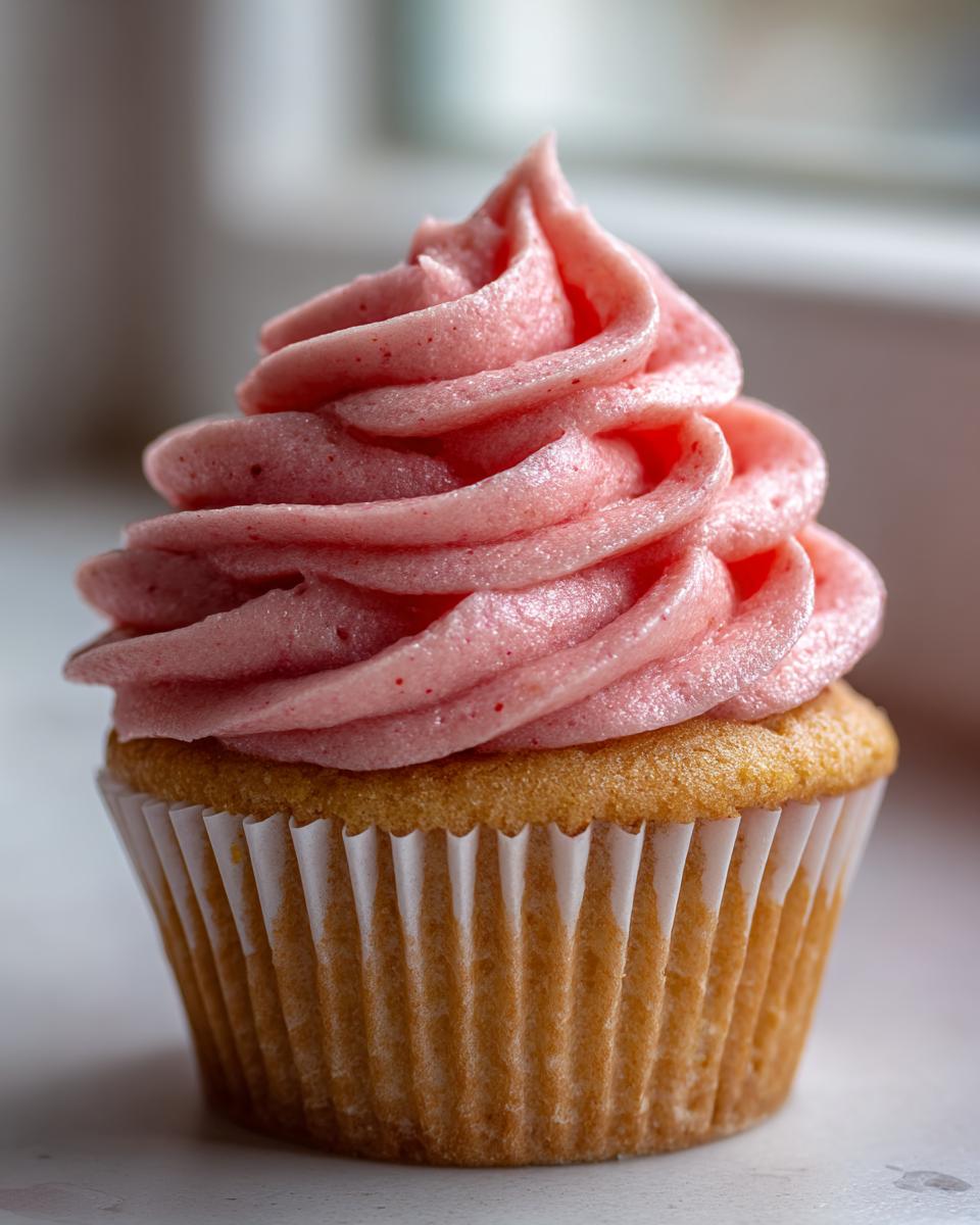 A single, perfectly baked vanilla cupcake topped with a tall swirl of light pink strawberry frosting.