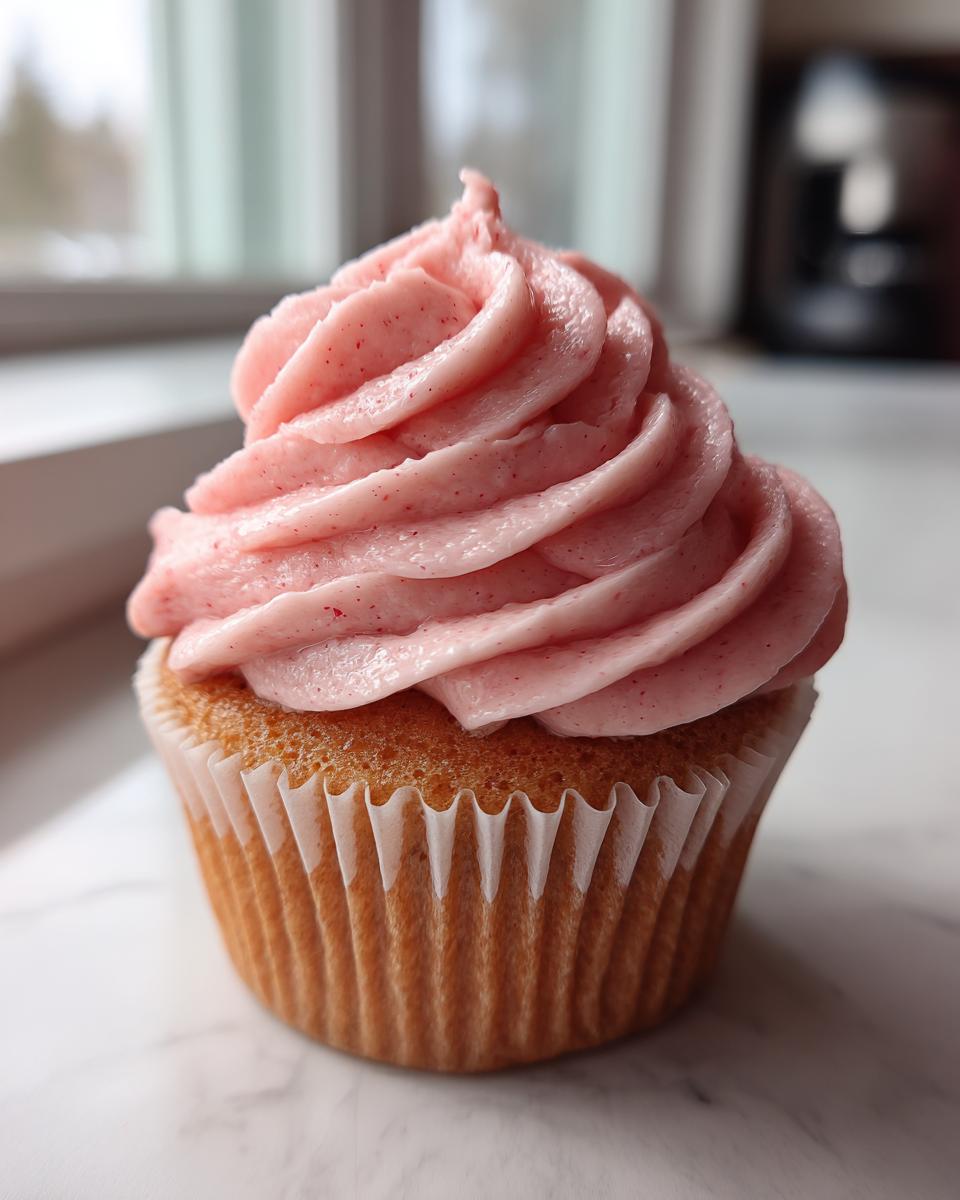 A single, perfectly baked strawberry cupcake topped with a tall swirl of pink, speckled strawberry frosting.