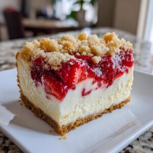 A perfect slice of strawberry shortcake cheesecake featuring a graham cracker crust, creamy filling, strawberry topping, and crumble.