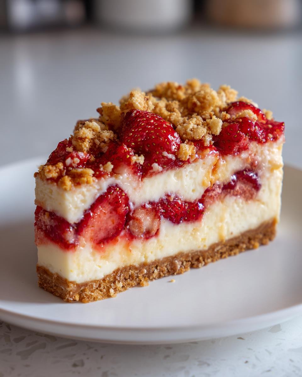 A perfect slice of strawberry shortcake cheesecake showing layers of graham cracker crust, creamy filling, and fresh strawberries.