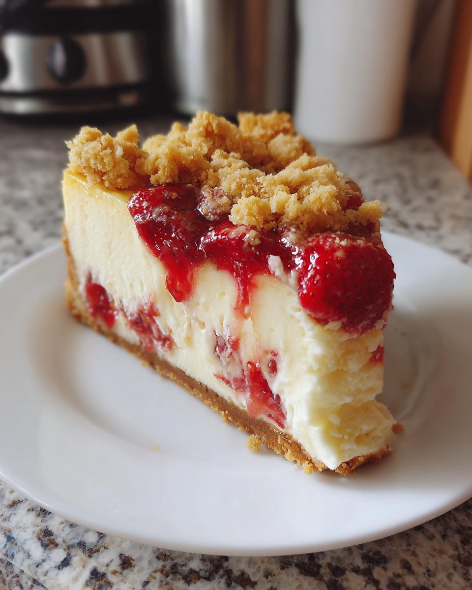 A rich slice of strawberry shortcake cheesecake with a graham cracker crust, strawberry filling, and crumb topping.